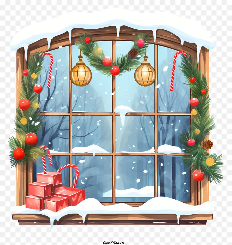 Xem tuyết Vòng hoa kẹo màu đỏ và màu xanh lá cây - Cửa sổ tuyết với đồ trang trí lễ hội và lò sưởi
