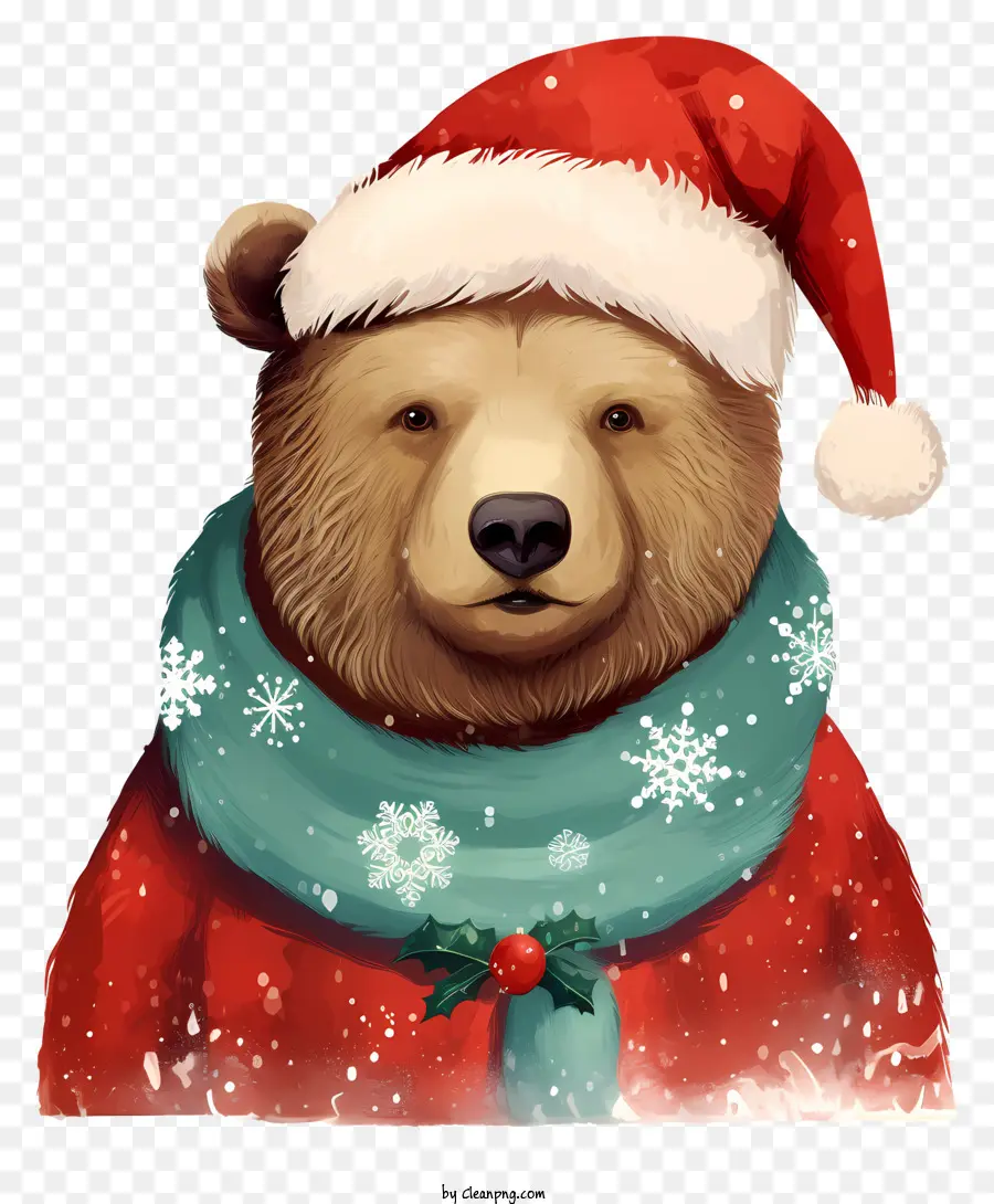 ông già noel chiếc mũ - Hình ảnh độ phân giải cao của gấu nâu tươi cười trong mũ và khăn quàng cổ của ông già Noel, với những bông tuyết và bộ lông chi tiết