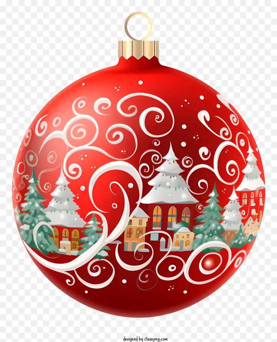 Rotes Weihnachts ornament - Rotes Ornament mit schneebedecktem Dorfhintergrund und Band