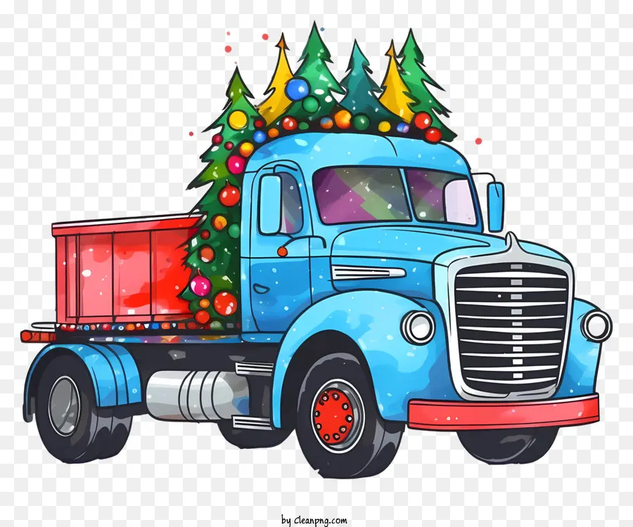 Weihnachtsbaum - Blauer LKW mit Weihnachtsbaum im Bild transportieren