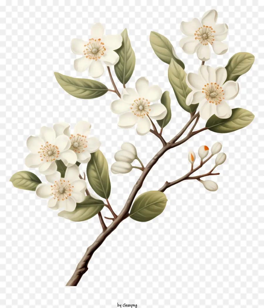weißer blühender Baumzweige mit weißen Blumen kleine zarte Blüten Knospen auf Bäumen Äste grüne Blätter - Realistische Illustration des zarten weißen blühenden Baumzweigs