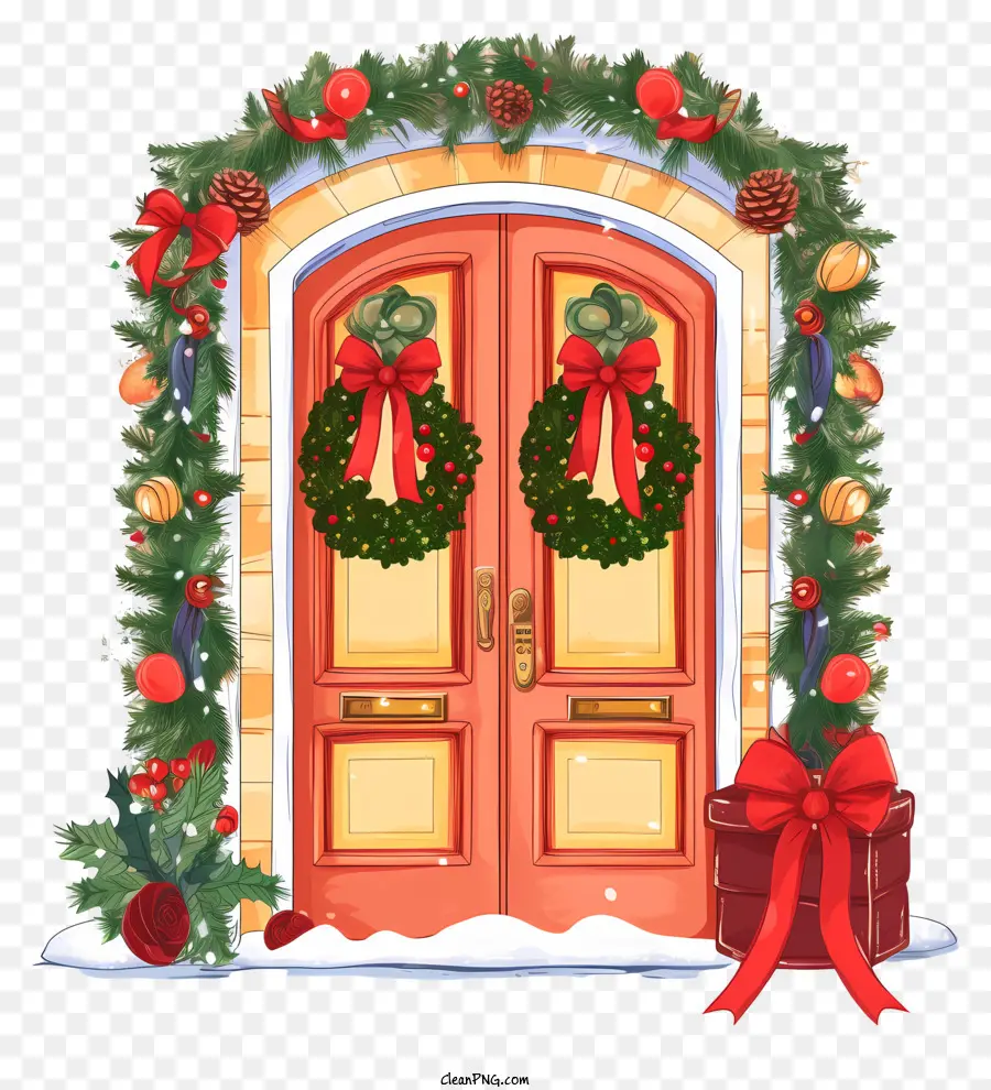 Decorazione porta anteriore ghirlanda porta d'ingresso della porta d'ingresso. - Porta anteriore rossa festiva con ghirlande e nastri