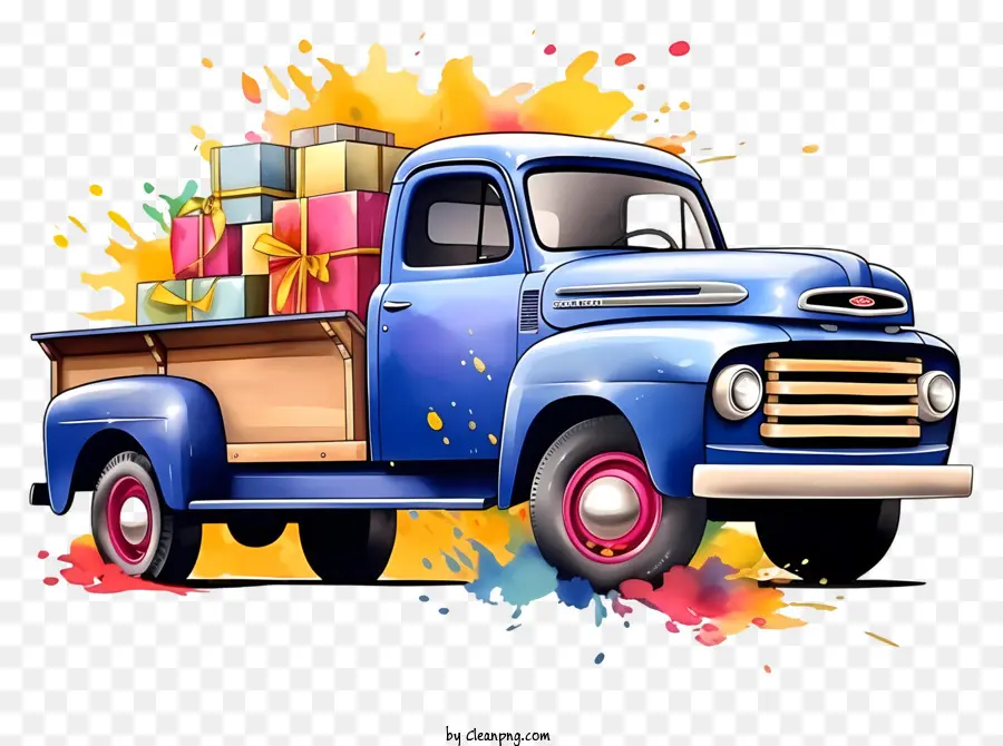 camion blu vernice colorato schizzi presenta un camion dipinto accattivante - Camion blu con vibranti schizzi di vernice e regali