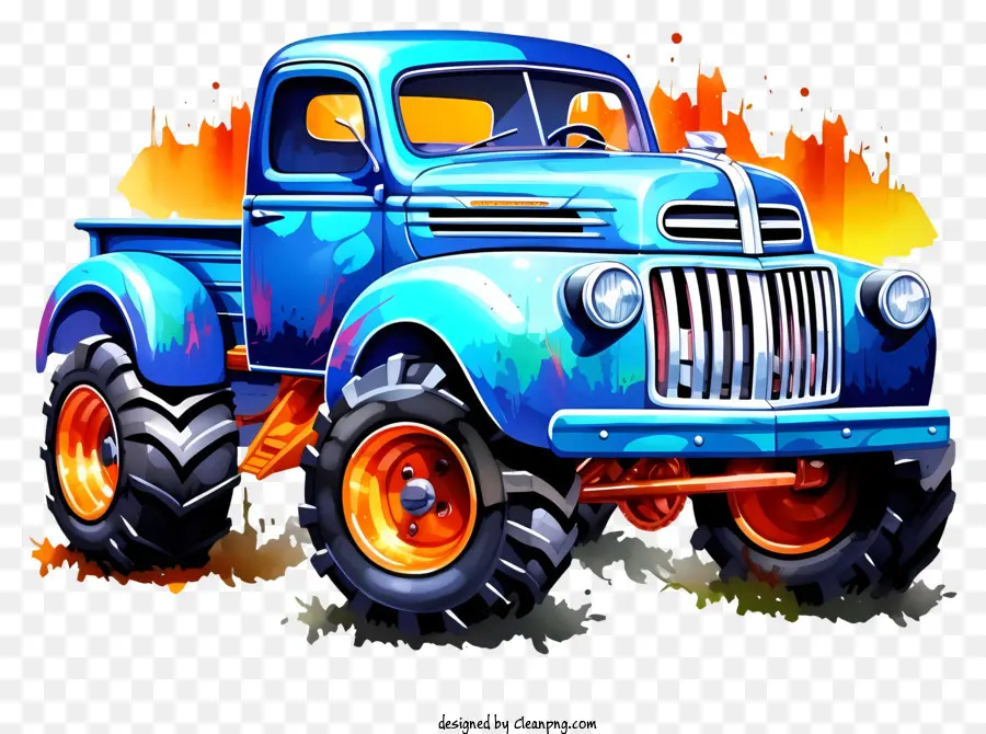 Xe tải kiểu cũ nâng lốp xe lớn trước mặt trước lớn - Xe tải màu xanh với lốp xe, khói và lửa