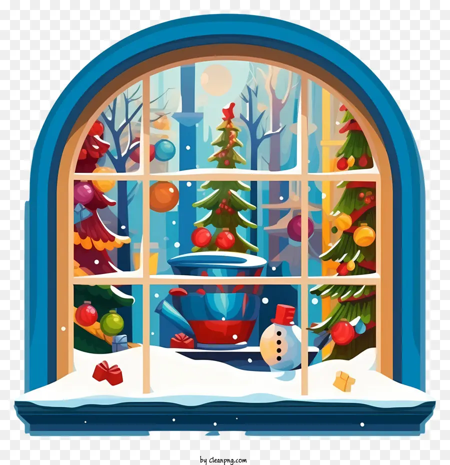 cửa sổ trong người tuyết tuyết ngồi những cây bóng tuyết phủ đầy bầu trời xanh tuyết - Mở cửa sổ với người tuyết cầm quả cầu tuyết và cây cối