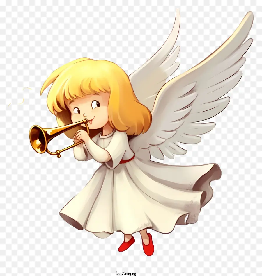 Tromba in costume d'angelo giovane donna Strumento musicale di rappresentazione dei cartoni animati - Cartoon Angel Woman che gioca a tromba con il sorriso