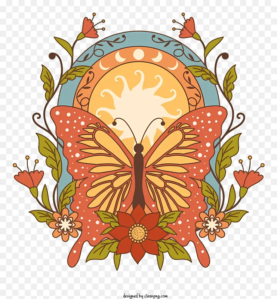 Flügel - Schmetterling mit farbenfrohen Blumen zur Sonne fliegen