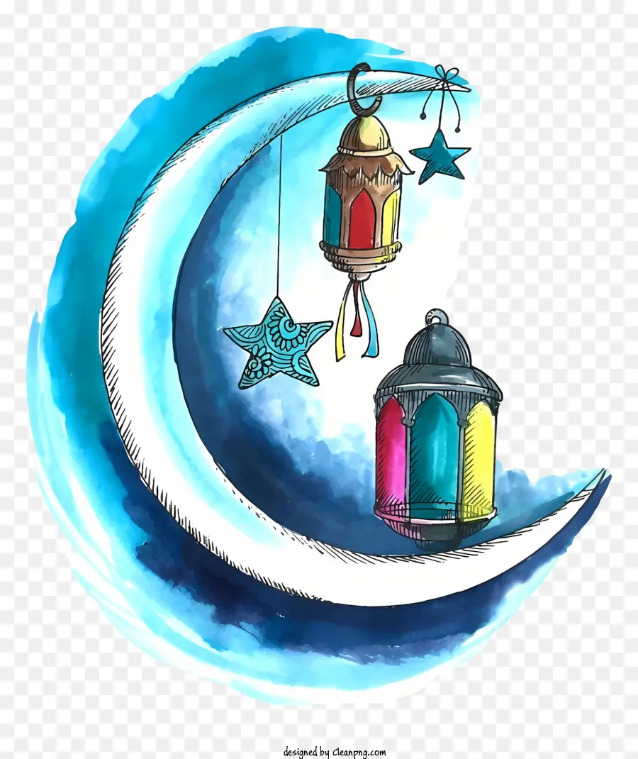 mặt trăng lưỡi liềm - Màu nước được vẽ bằng tay của Lịch mặt trăng Hồi giáo