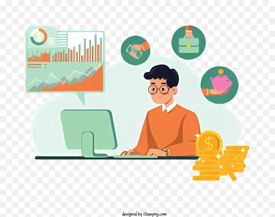 doanh nhân - Doanh nhân phân tích dữ liệu, tiền xu tượng trưng cho thành công tài chính
