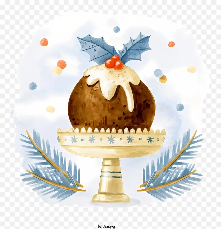 vàng biên giới - Bức tranh màu nước của một món tráng miệng bánh pudding Giáng sinh