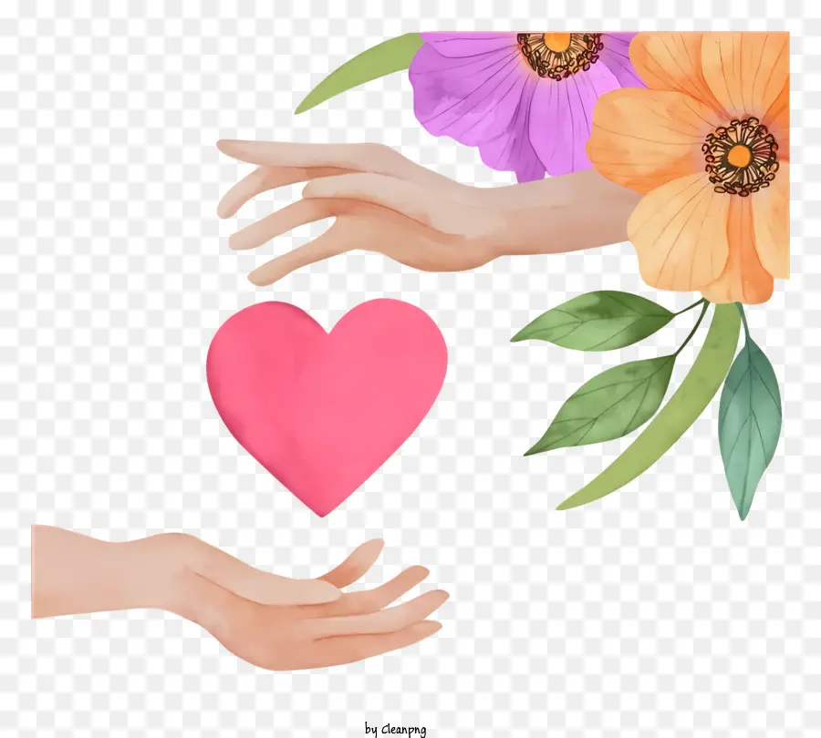 das symbol der Liebe - Hände halten Herz inmitten farbenfroher Blumen auf Schwarz halten