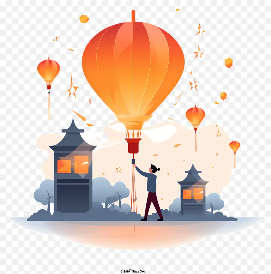 Heißluftballon - Der Mann hält ein Seil auf einem sonnenförmigen Ballon