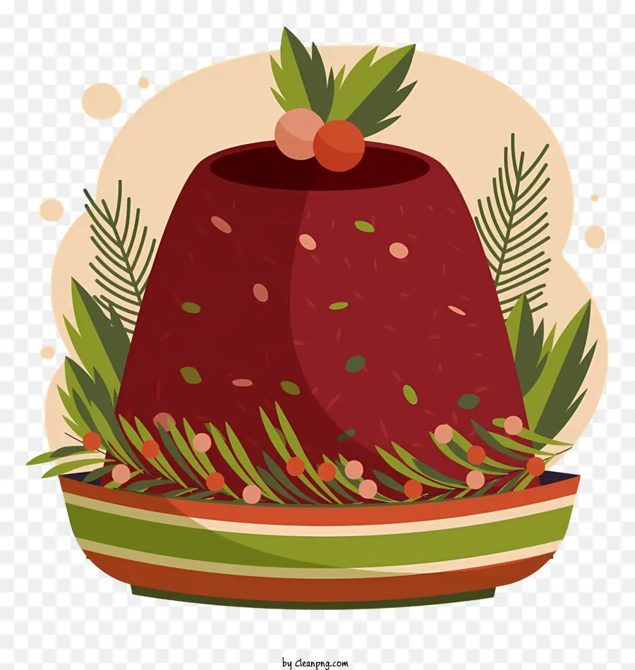 red jelly cake holly leaves berries plate pine cones
