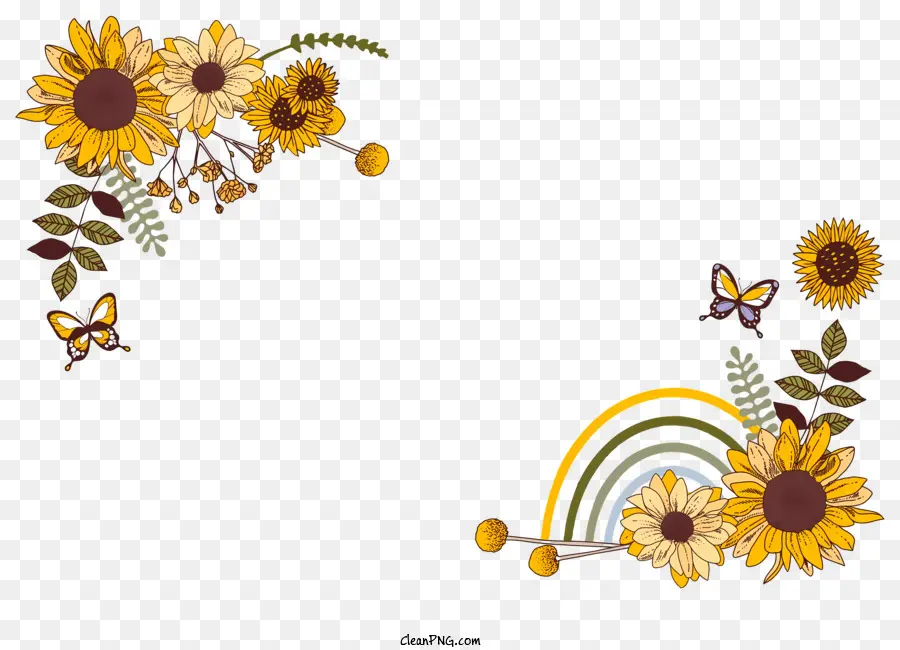 Sonnenblume Grenze - Sonnenblumengrenze mit farbenfrohen Blumen und Regenbogen