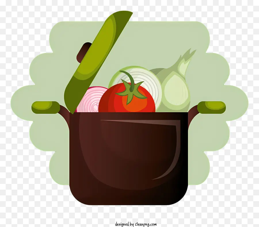 Gemüse -Topf -Zwiebeln Tomaten Karotten dunkelgrüner Topf - Ein stilles Bild von mit Gemüs gefüllten grünen Topf