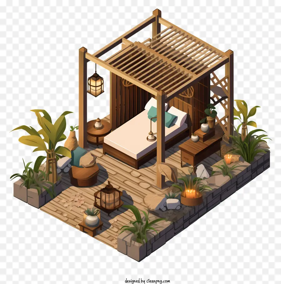 bungalow wood thatched roof veranda potted plants