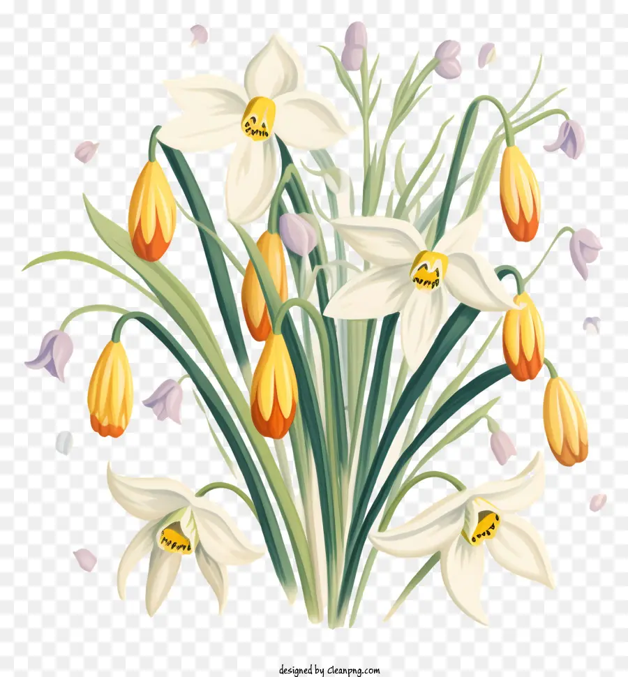 petali di fiori - Bouquet con narcisi, petali di tulipano caduti, sfondo nero