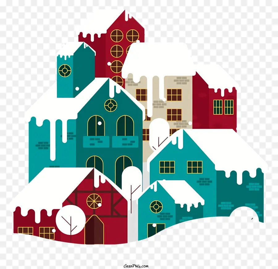 alte Gebäude Eiszapfen Schnee Winter Wunderland Bright Farbschema - Farbenfrohe Gebäude in der schneebedeckten Stadt mit Eiszapfen