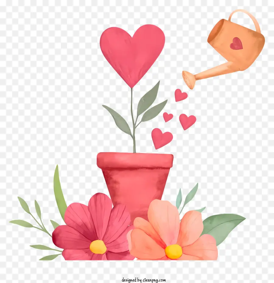 heart-shaped pot soil pink flowers red flowers watering can