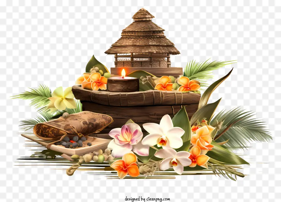 tropical decoration wooden box thatched roof flower arrangements pink flowers