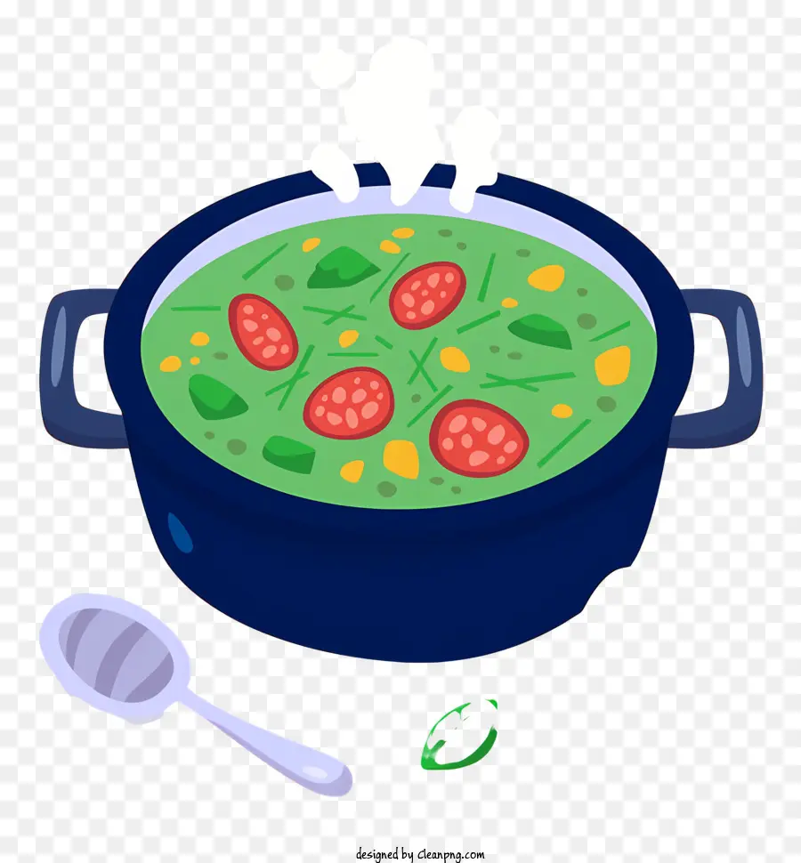 grüne Suppe rote Paprika Zwiebeln Löffel Kelle - Cartoon Illustration von grüner Suppe mit Gemüse