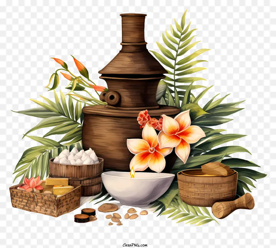 di foglie di palma - Pentola marrone piena di ingredienti circondati da frutta