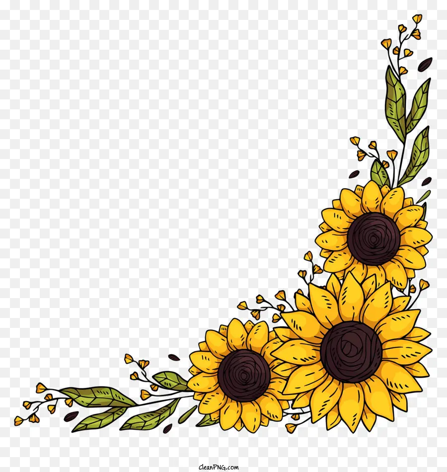 Sonnenblumen gelbe Blumen grüne Blätter Herzen in Blumen schwarzer Hintergrund - Zwei gelbe Sonnenblumen mit grünen Blättern und Herzen