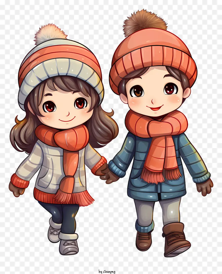 die Hände halten - Zwei Kinder in Winterkleidung, die die Hände halten