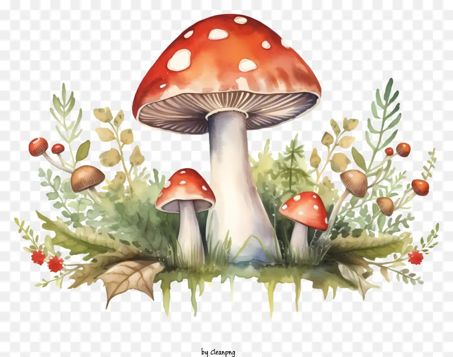 pittura ad acquerello funghi di funghi felci rossi muschi - Immagine ad acquerello: funghi rossi sulle felci, muschio