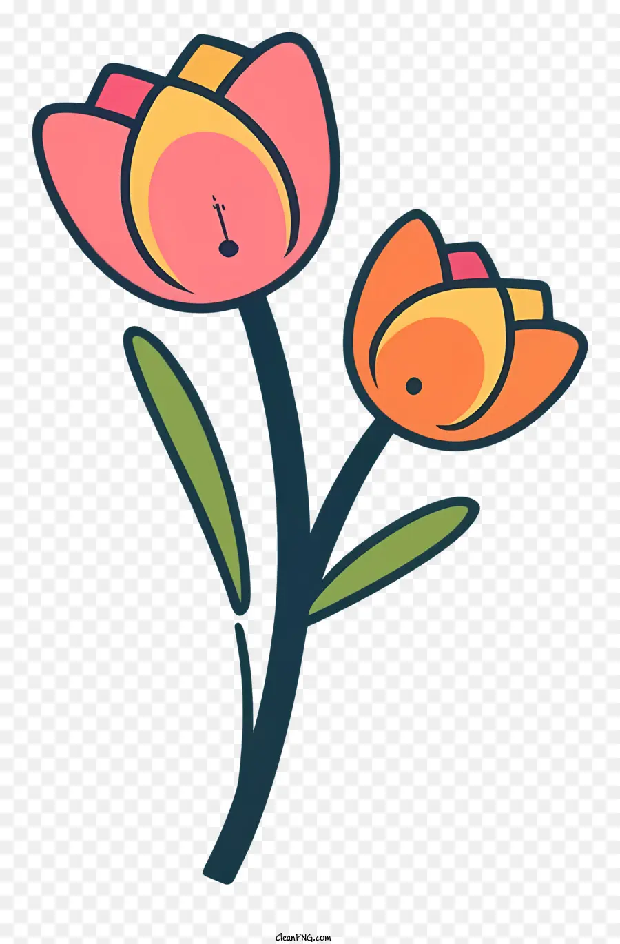 pink tulip orange petals green stem black background flat style