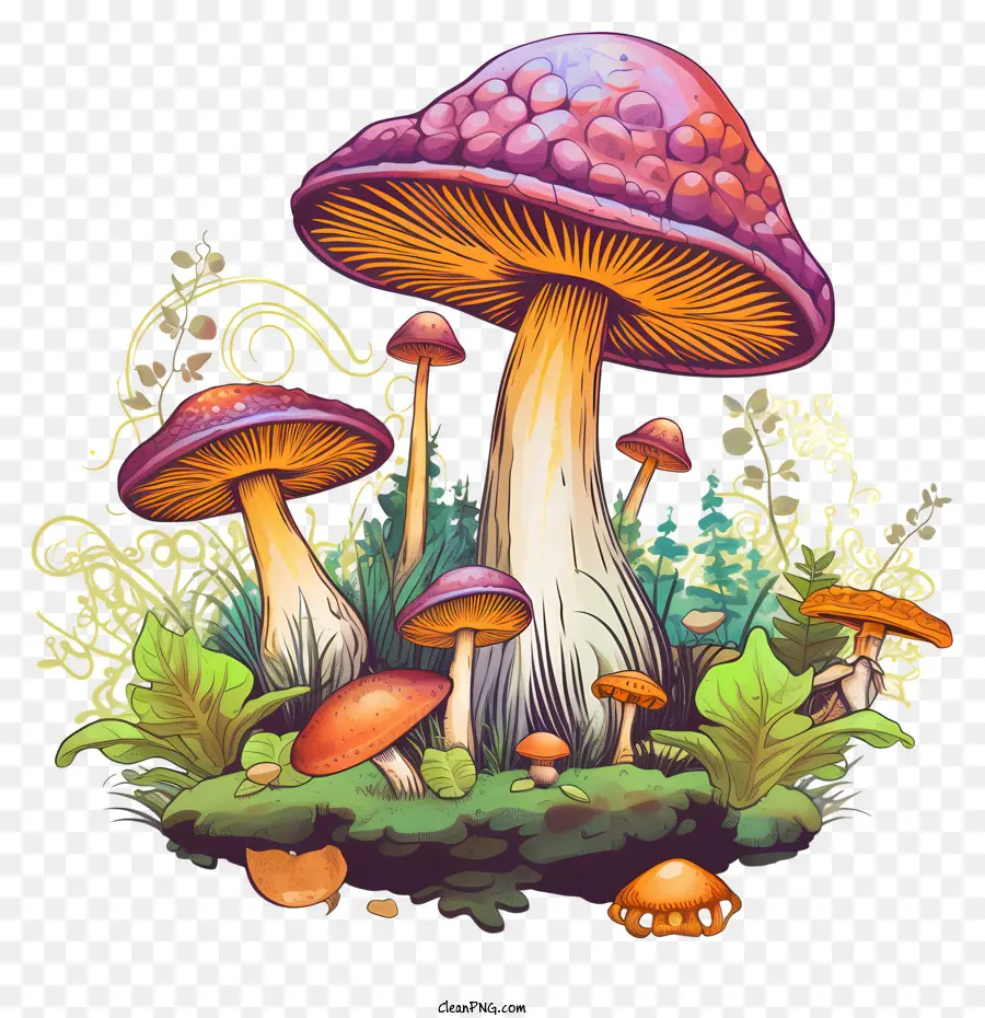 FORESSI FORESSI GRANDI TACCHI CURVATI - Grandi e colorati funghi nella scena della foresta lussureggiante