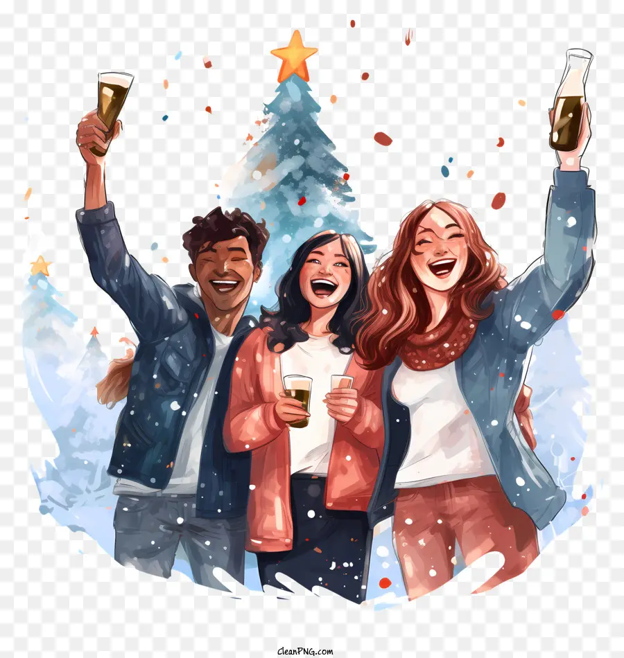 Weihnachtsbaum - Freunde, die Ferienzeit mit Bier und Jubel feiern