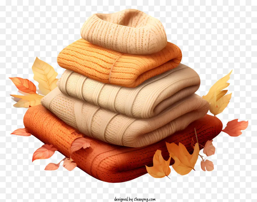 Pullover stricken Pullover gewebte Pullover Stapel von Pullover -Pullovermaterialien - Stapel buntes Pullover von Blättern umgeben