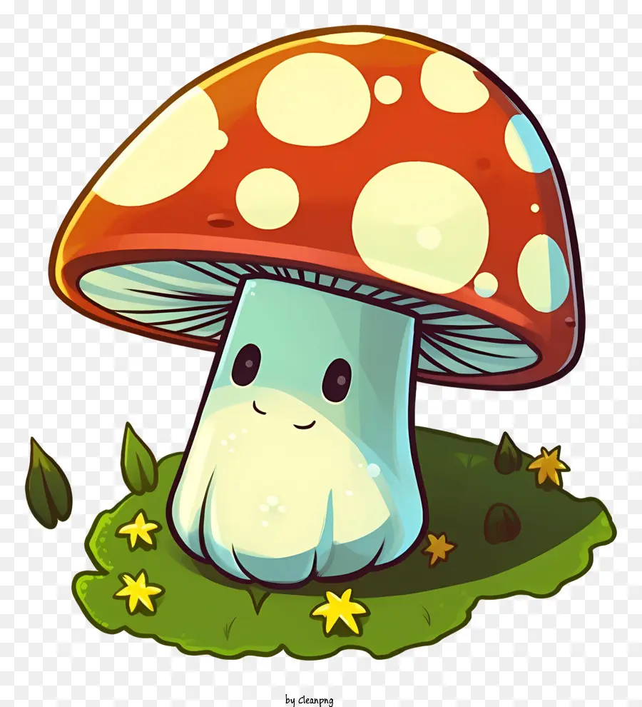 cartoon mushroom red and white cap round spots small stem green leafy base