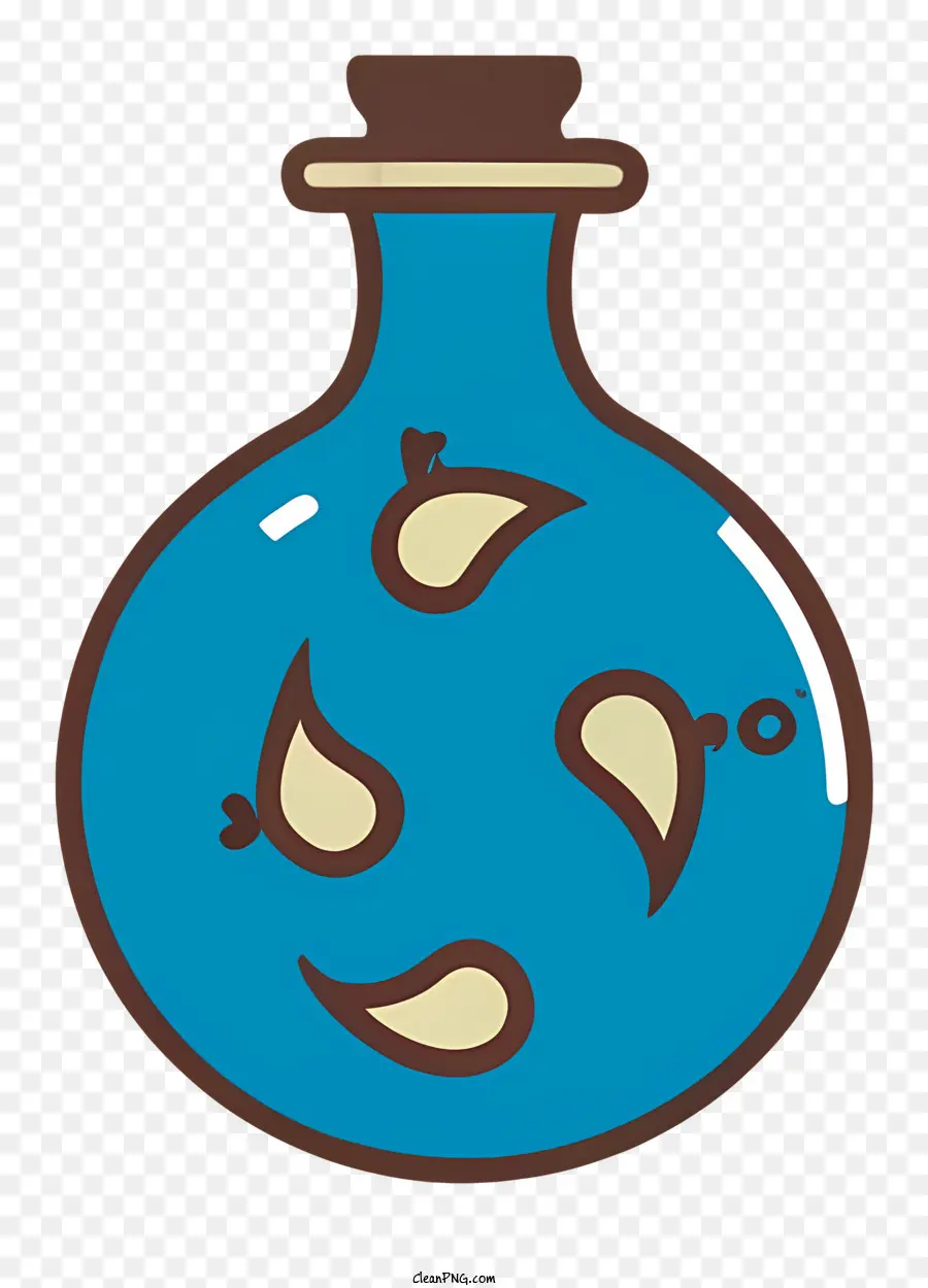 blue bottle liquid substance round bottle cylindrical shape curved neck