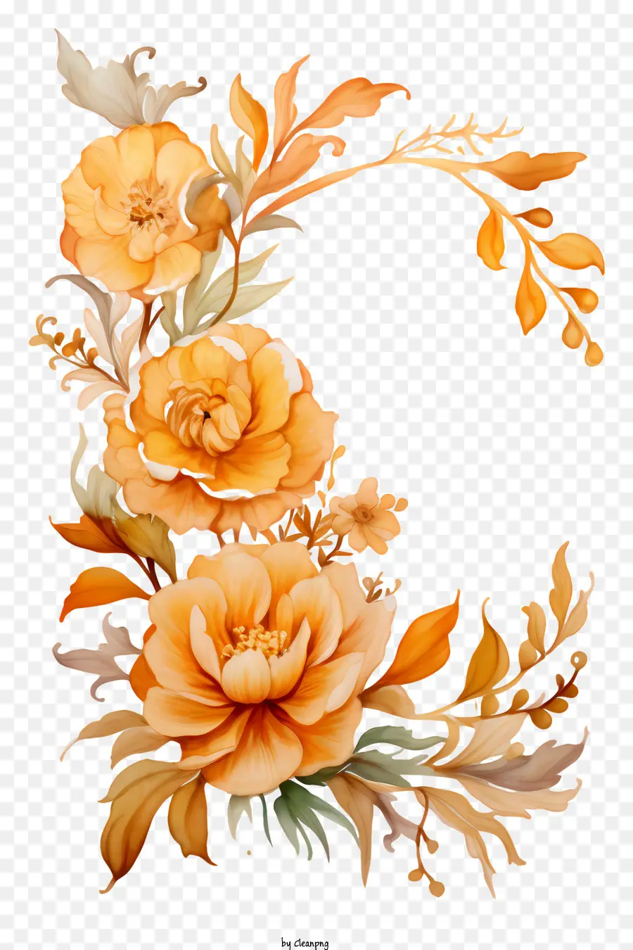 Bức tranh màu nước Bouquet của hoa màu cam và dây leo hình dạng vòng tròn sắp xếp tròn - Bức tranh màu nước chi tiết của vòng hoa hoa màu cam