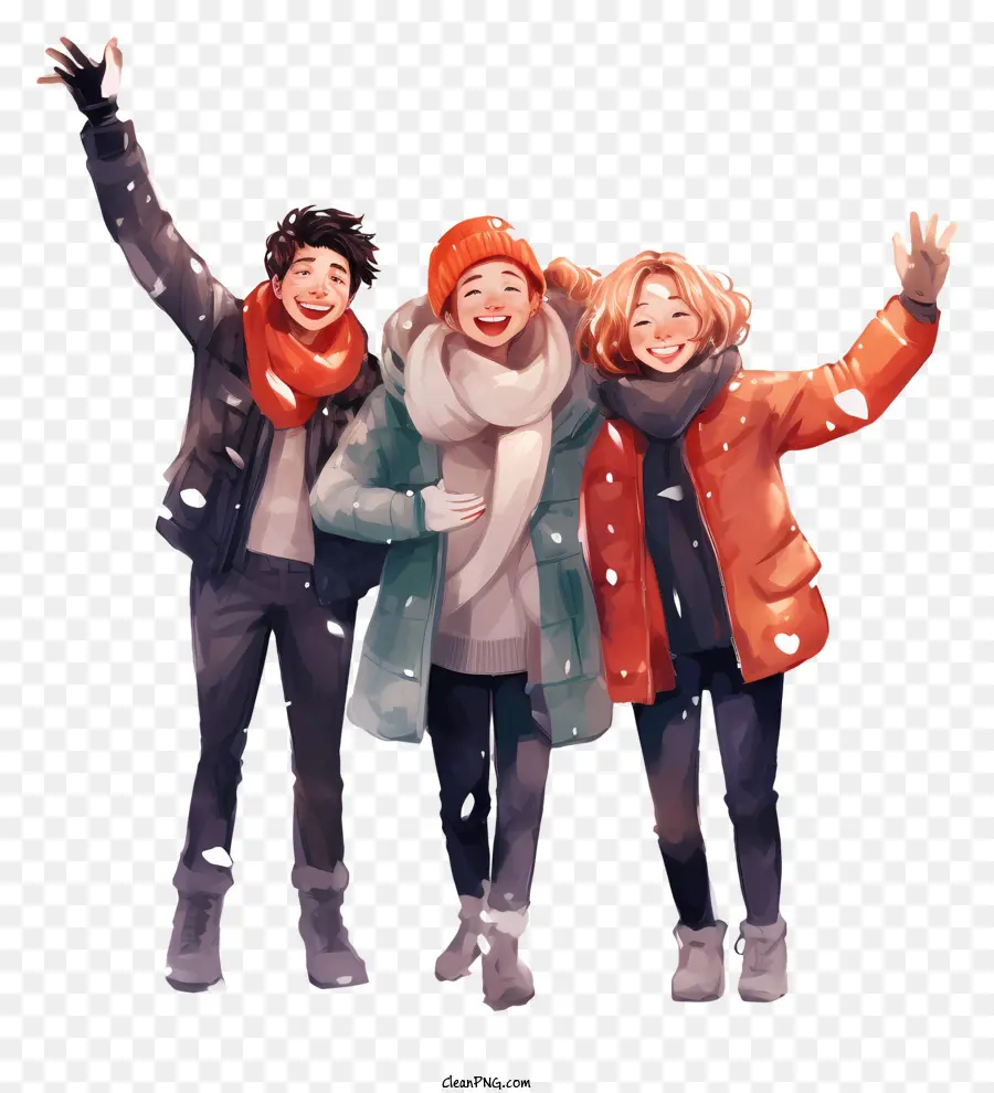 Gruppe von Menschen - Gruppe von Menschen, die Winterkleidung tragen, winkt glücklich
