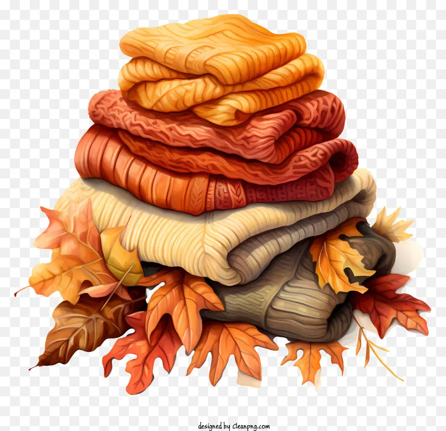 Blätter fallen - Stapel farbenfroher, nicht verschränkter Pullover mit Herbstblättern