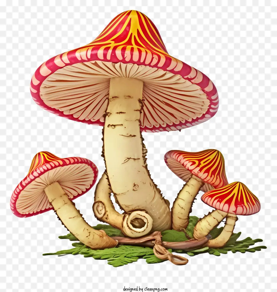 Pilzidentifikation Wildpilze Pilze Arten Pilz Wachstum Pilzfarben - Drei Pilze, rot und gelb, wachsen natürlich