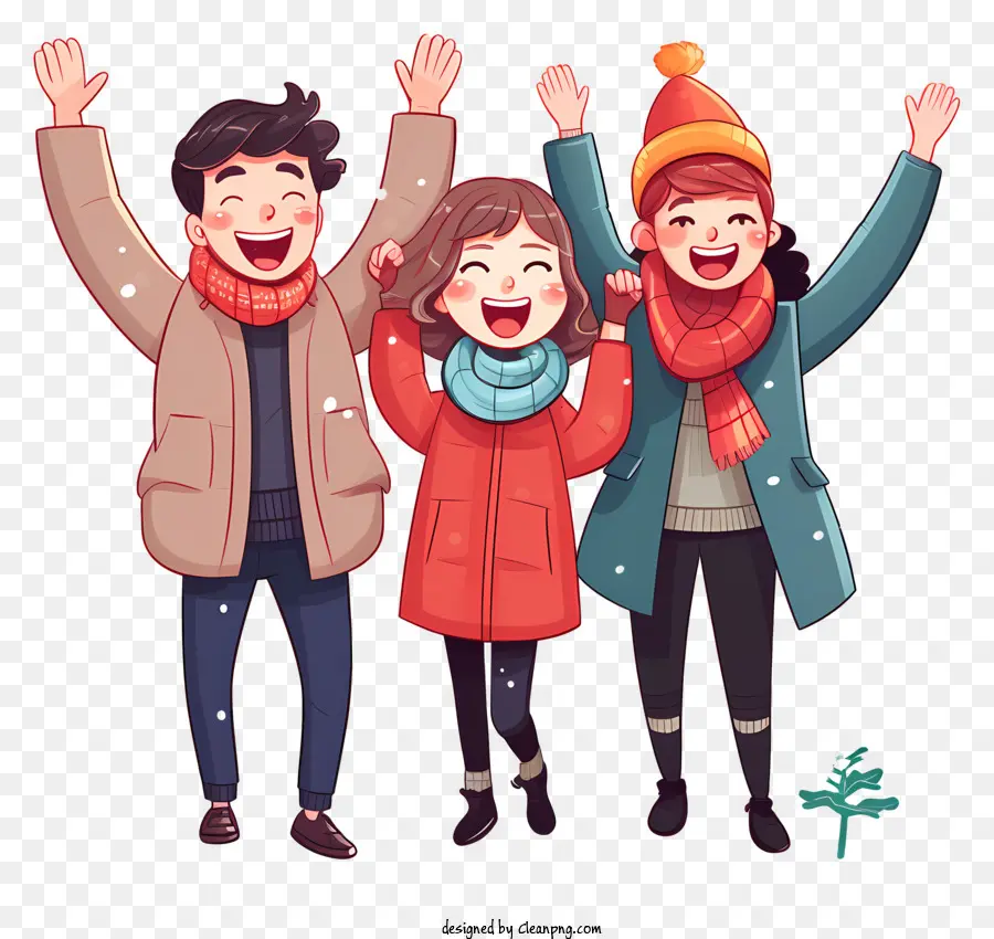 Winterbekleidungsjacken Schals Hüte lächeln - Drei Menschen in Winterkleidung winken glücklich