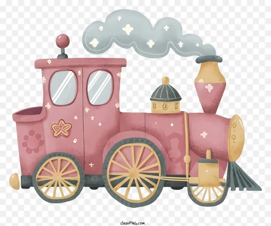 pink train train with smoke cloud of steam golden wheels light pink windows