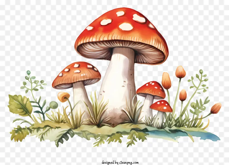 mushrooms lush field flowers reddish-orange color white spots
