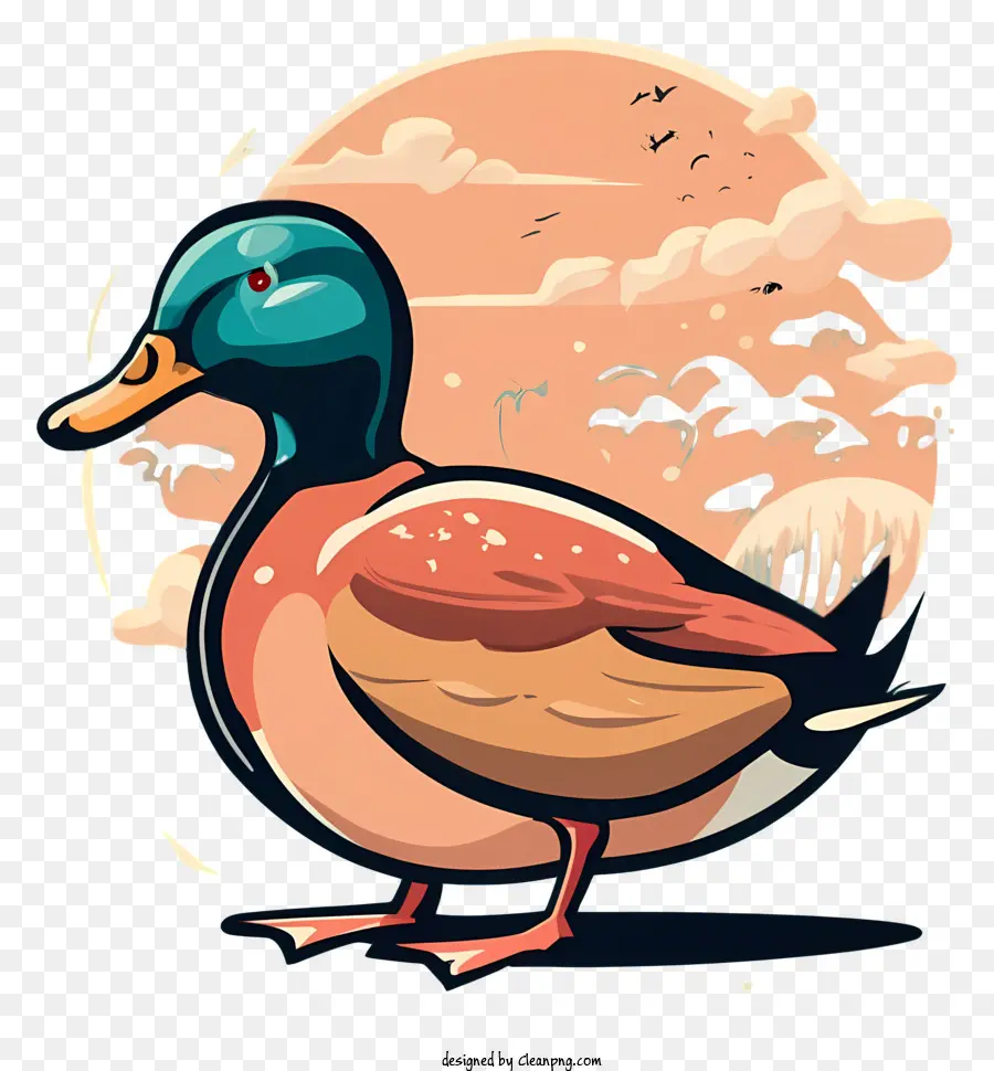 duck drawing background with clouds birds flying overhead duck standing on one leg light orange background