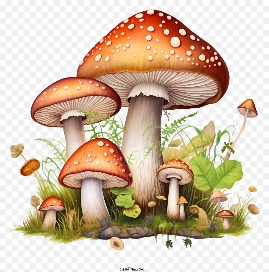 mushrooms forest lush green reddish brown white spots