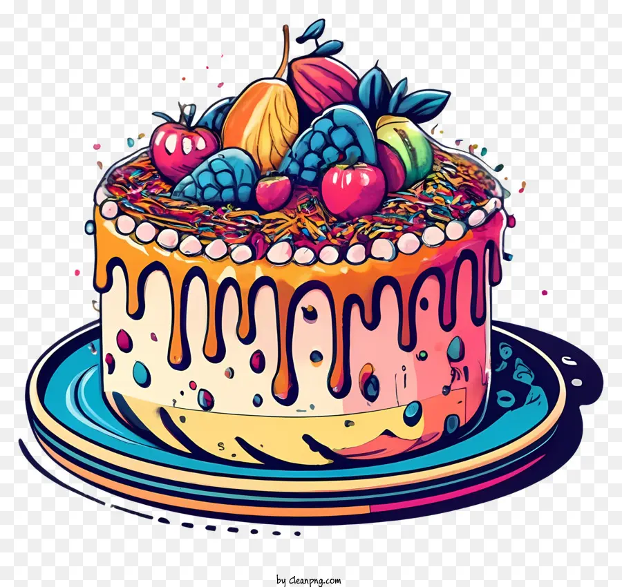 Torta di compleanno - Torta di compleanno colorata e fruttata con glassa gocciolante