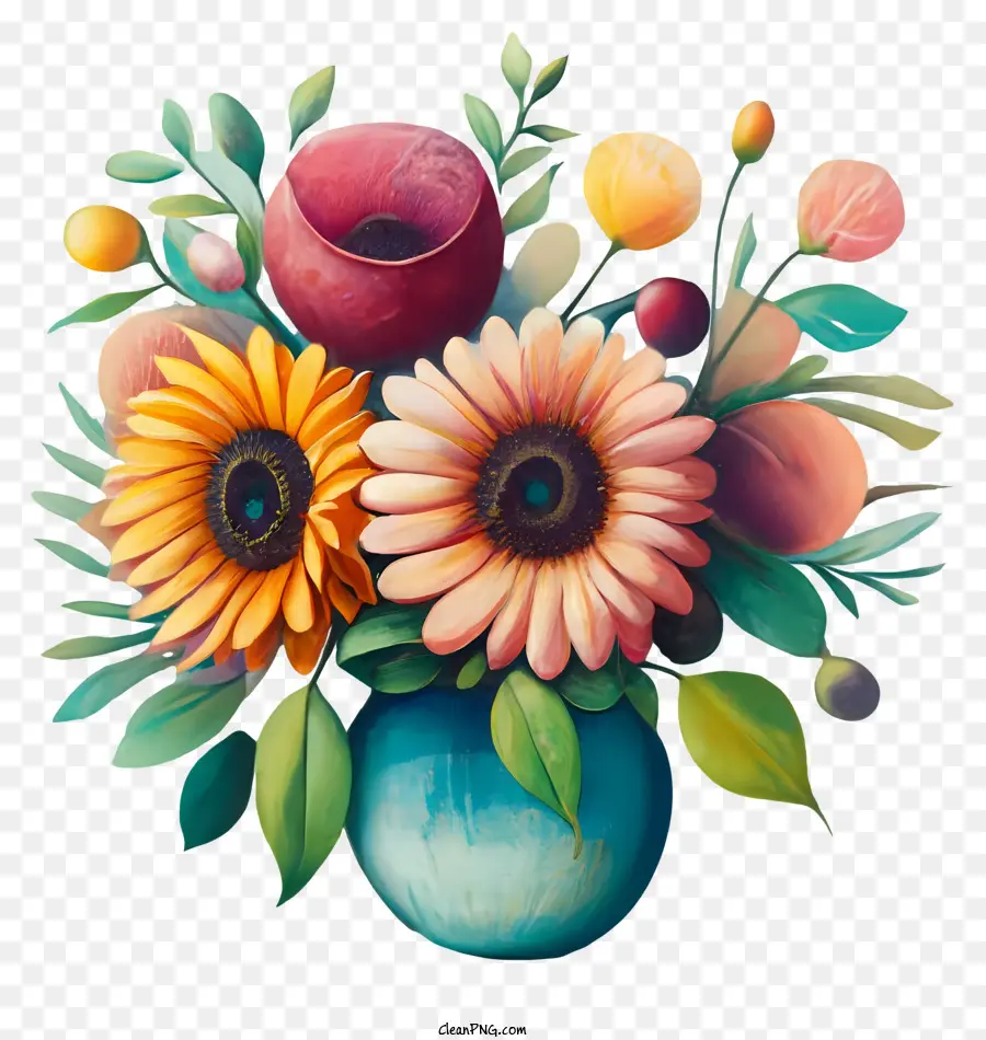 Gemälde der Blumenvase der Blumen Blaue Vase schwarzer Hintergrund Sonnenblumen - Realistische Gemälde der natürlichen Blütenarrangement in der Vase