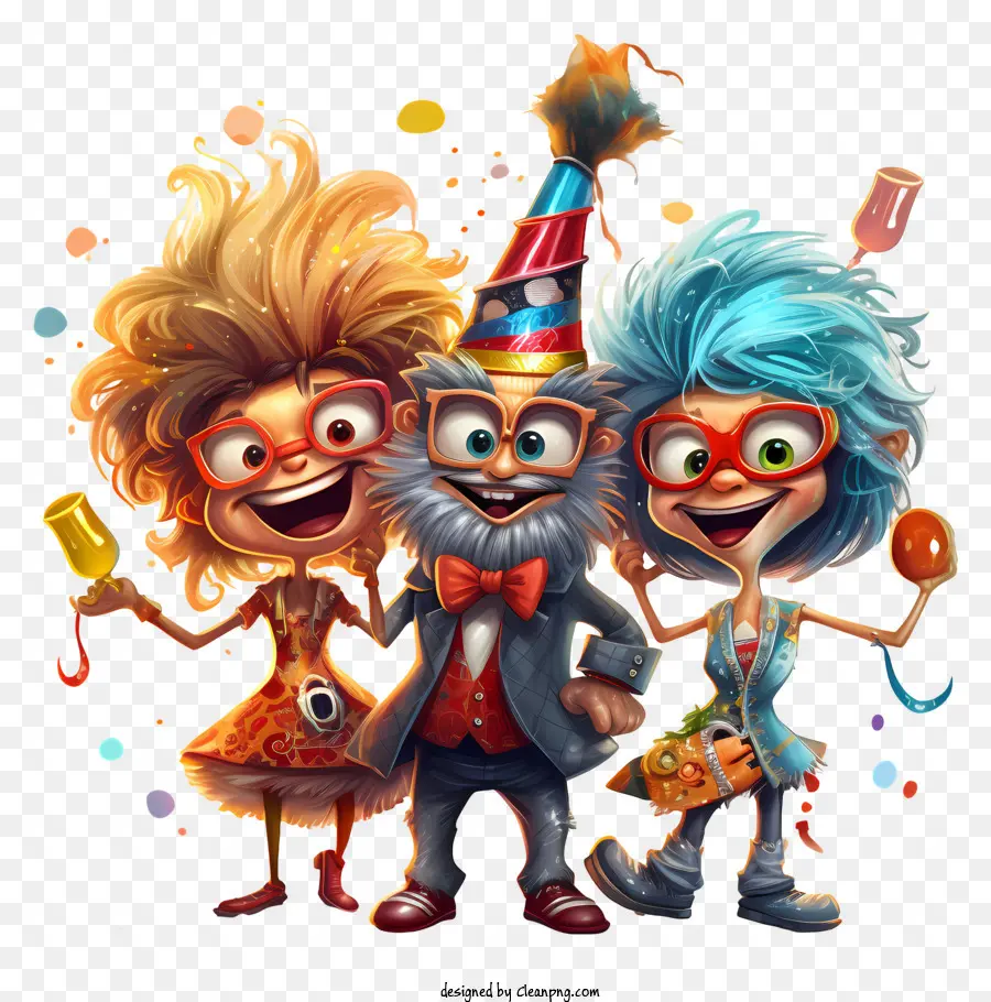 festa di sfondo - Tre personaggi in abbigliamento da festa in posa insieme