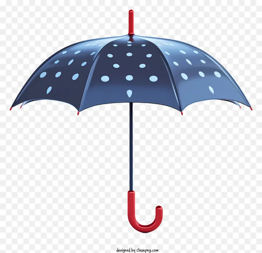 blue umbrella white polka dots open umbrella red handle black background