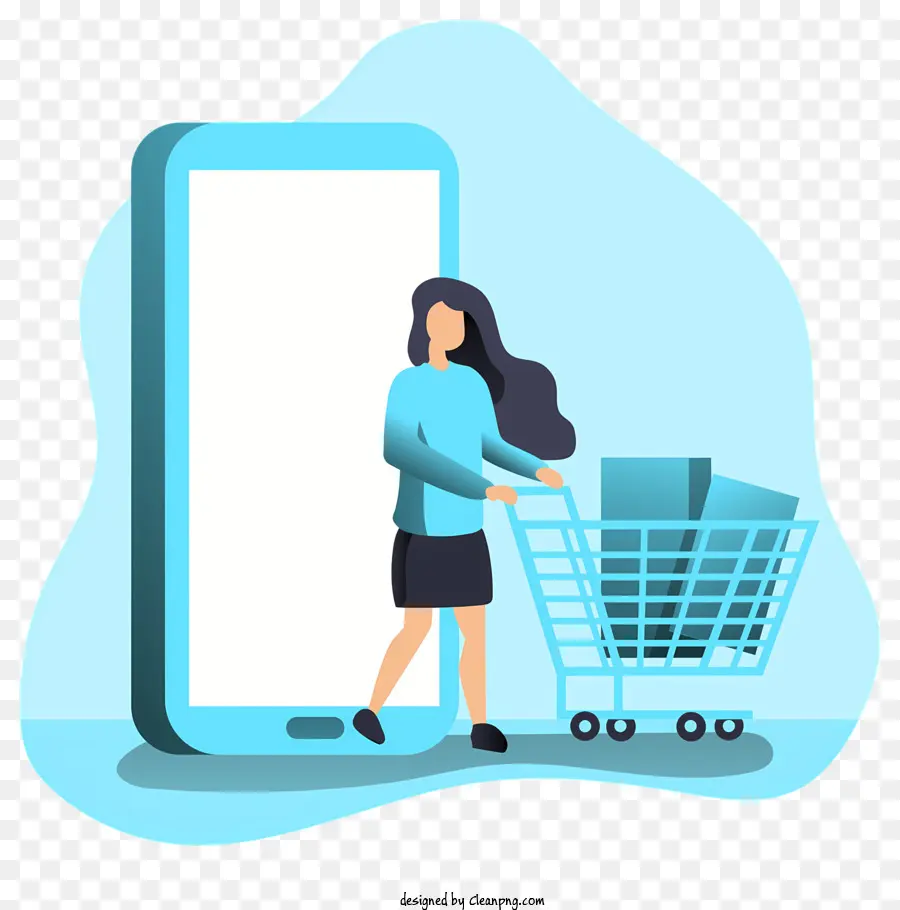Warenkorb - Eine Frau mit Einkaufswagen und Telefon
