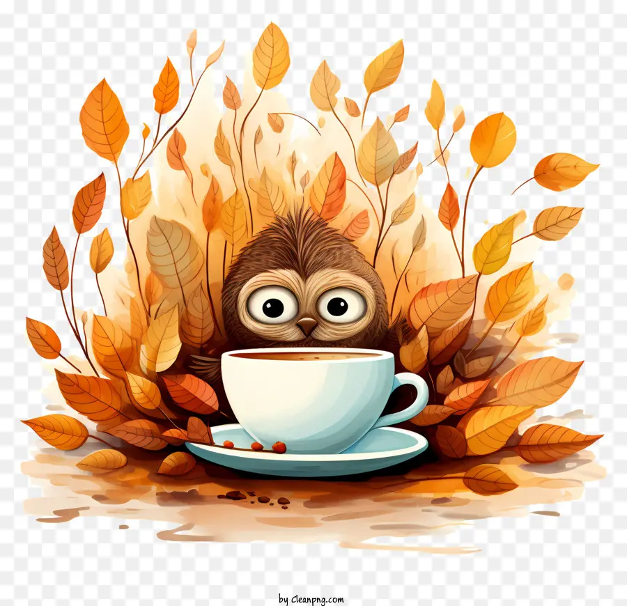 Herbst Blätter - Nettes Tier genießt Tee inmitten fallender Blätter